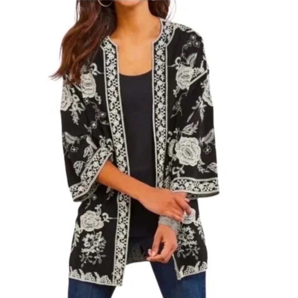 Soft Surroundings Black Open-Front Floral Embroidered Kimono